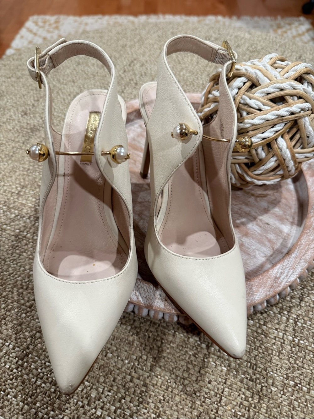 Louise et Cie Cream Pointed-Toe Slingback Heels with Pearl Detail